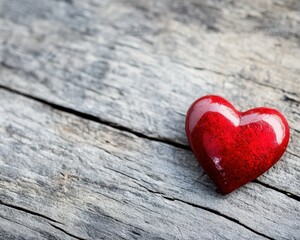 Fototapeta premium Red heart decoration on rustic wooden surface evokes feelings of love and warmth