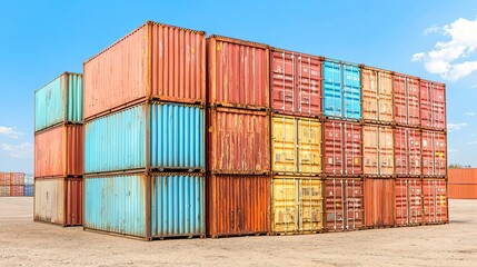 Fototapeta premium Supply chain risk concept. Colorful shipping containers stacked at a logistics yard under a clear blue sky.