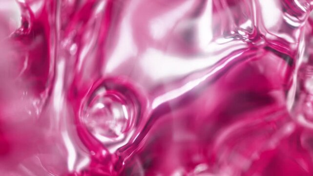 Pink serum with liquid bubbles in a 3D abstract background. Hydrating essence gel with collagen molecules. Moisturizing cream or oil for skincare and beauty.