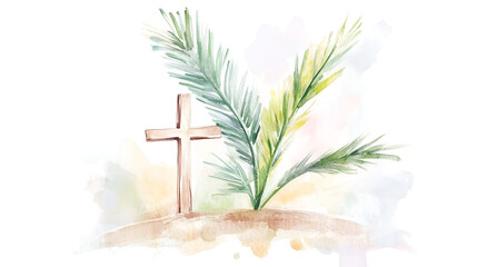 Palm branch symbolising victory martyrdom Christian symbols and icons Digital illustration cover poster copy space cute soft watercolor painting on white backgorund