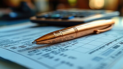 Fototapeta premium Close-up of a golden pen on a financial document with a calculator in the background.