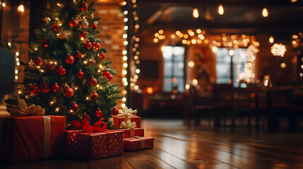 A beautifully lit Christmas tree in a large cozy café surrounded by wrapped gifts as part of a holiday gift exchange event.