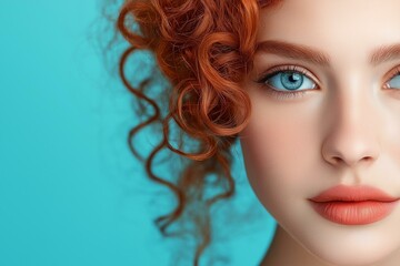 Fototapeta premium A close-up of a young woman with vibrant red curls and striking blue eyes against a turquoise background.