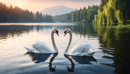 Fototapeta premium Romantic Swan Couple on Serene Lake, Love Concept