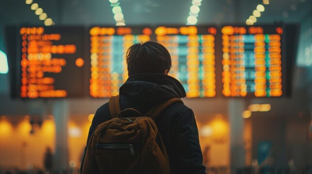 A traveler gazes at a departure board in an airport terminal.