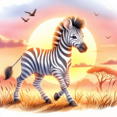 Fototapeta premium Vibrant sunset landscape with a zebra walking through tall grass under a glowing sun