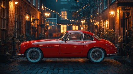 Fototapeta premium Classic red car parked in a charming, illuminated street at night.