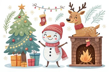 Fototapeta premium christmas reindeer and santa claus Santa and gifts, quirky snowman or psychedelic Christmas tree decoration characters