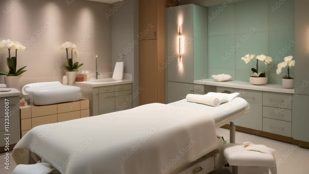 Aufkleber empty massage table invites relaxation in a serene spa room, adorned with orchids and soft lighting,