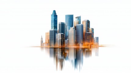 Obraz premium Modern City Skyline Reflection with Skyscrapers Under Bright Clear Sky