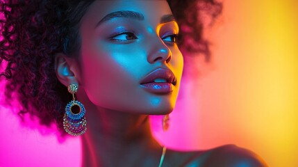 Enchanting Beauty with Colorful Lighting and Jewelry