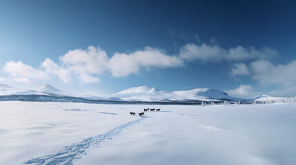 A breathtaking panoramic view of huskies pulling a sled across a snow-covered plateau with reindeer and distant mountains in the background.