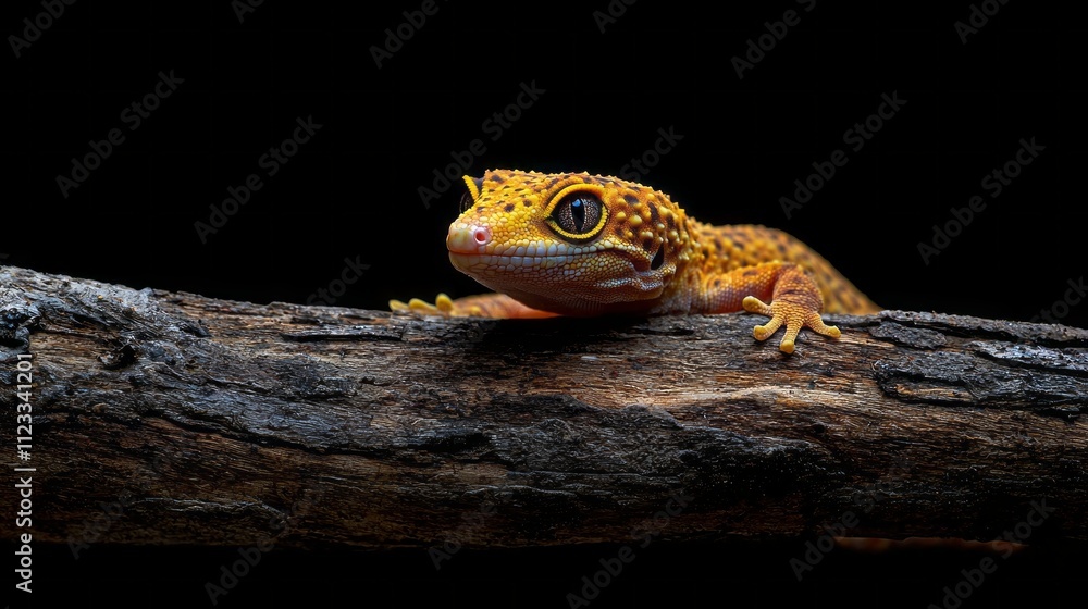 Poster a curious leopard gecko explores its wooden perch, showcasing vibrant colors and intricate patterns 