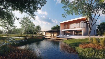 Obraz premium Modern house by tranquil lake, sunny day.