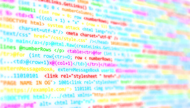 Vibrant programming code with colorful syntax highlighting, blurred white background, concept of coding and software development. 3D Rendering.