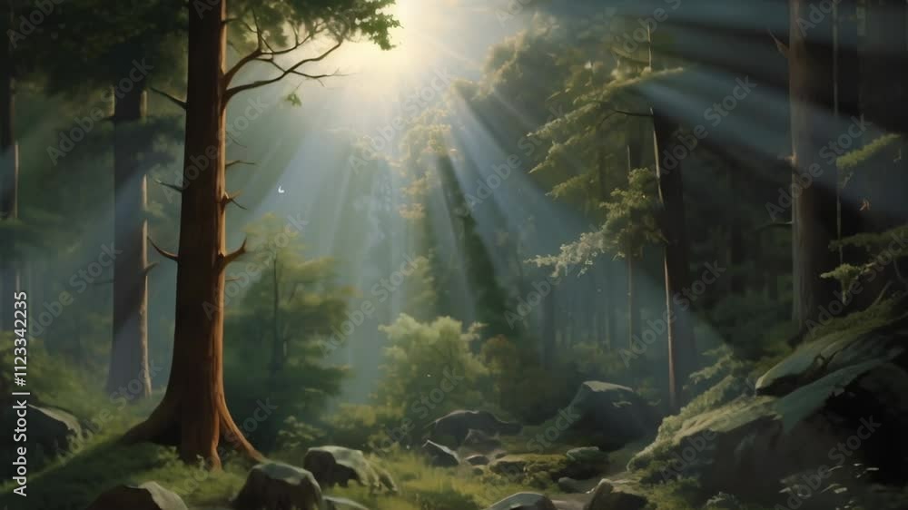 Poster Sunbeams are filtering through the trees in a lush, vibrant forest, creating a magical and serene atmosphere with a small stream flowing through rocks and grass