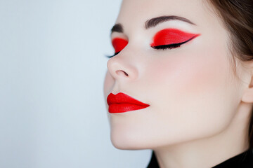 Naklejka premium Stunning red makeup look showcases bold artistry and beauty