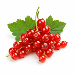 Cluster of red currants with green leaves.