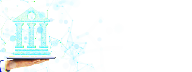 A glowing bank icon held on a tablet by a hand, designed on a white background with blue abstract network connections, symbolizing digital banking