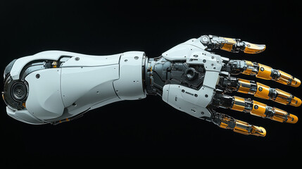 close up shot of mechanical arm showcasing intricate details and sleek design. robotic hand features metallic components and futuristic aesthetic, emphasizing precision and technology
