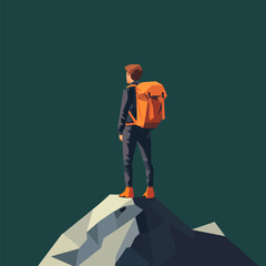 Backpacker Reaching the Summit of a Mountain