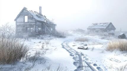 Abandoned Ghost Town Covered in Snow with Crumbling Structures in a Mystical Winter Landscape