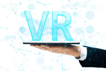 VR glowing letters held on a tablet by a hand, surrounded by digital network elements, on a white background. Concept of virtual reality tech
