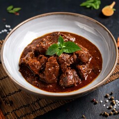 A rich, close-up view of beef rendang, highlighting the dark, caramelized sauce, tender meat, and fragrant spices