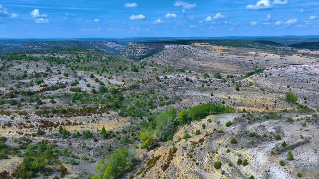Landscape at the Roman Aqueduct of the village of Zaorejas. Aerial view from drone. Molina Alto Tajo Geopark. Alto Tajo Natural Park. Guadalajara. Castilla la Mancha. Spain. Europe. Rewilding Europe
