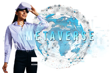 Woman wearing VR headset, global map overlay, white background, futuristic design, concept of metaverse and virtual interaction