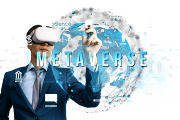 Businessman in suit wearing VR headset, engaging with a virtual metaverse interface, futuristic design on white background, innovation concept