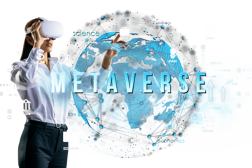 Woman wearing VR headset gestures in virtual space, digital globe with icons, white backdrop, futuristic concept of metaverse exploration