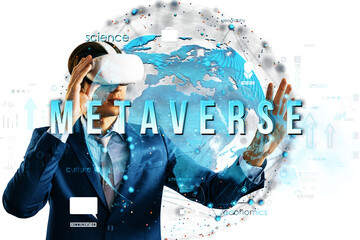Businessman in VR headset explores digital metaverse with futuristic icons and globe overlay, white background, concept of technology