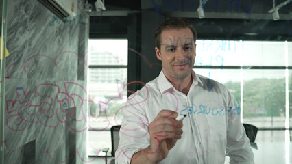 Smart businessman thinking about start up project in front of glass board. Smiling male project...