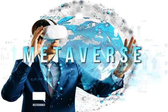 Businessman in VR headset explores digital metaverse with futuristic icons and globe overlay, white background, concept of technology