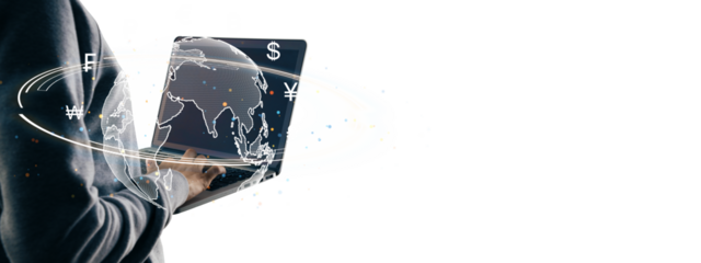 A person typing on a laptop with a holographic world map and currency symbols overlay, isolated on a clean white background, symbolizing global finance