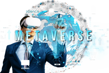 Businessman wearing virtual reality headset, pointing to futuristic digital display with global map and text, on white background, concept of metaverse