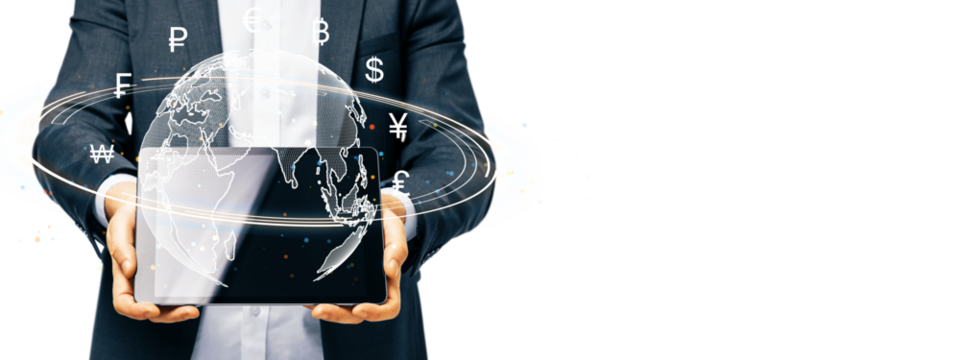 Businessman holding a digital tablet with a holographic globe and currency symbols, isolated on a white background, concept of digital finance - Powered by Adobe