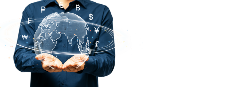A person in a blue shirt holding a digital globe with various global currency symbols, floating on a white background, symbolizing finance exchange