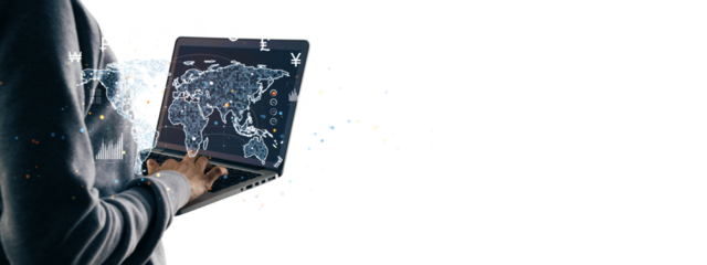 Person using a laptop with a digital map overlay, global financial data, and currency symbols, isolated on a white background, finance concept