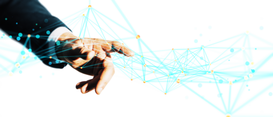 Human hand interacting with glowing blue network lines, isolated on white background, symbolizing technology, innovation, and connectivity