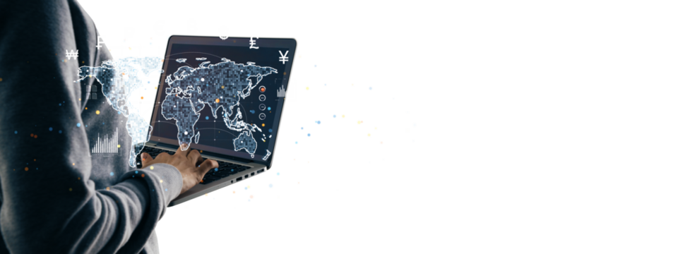Person using a laptop with a digital map overlay, global financial data, and currency symbols, isolated on a white background, finance concept