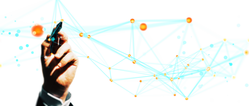 Hand holding pen creating abstract blue and orange network structure on white background, representing concept of connection and innovation