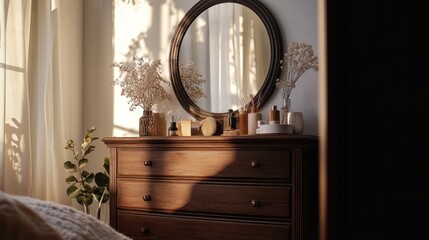 Sunlit Bedroom Vanity with Wooden Dresser