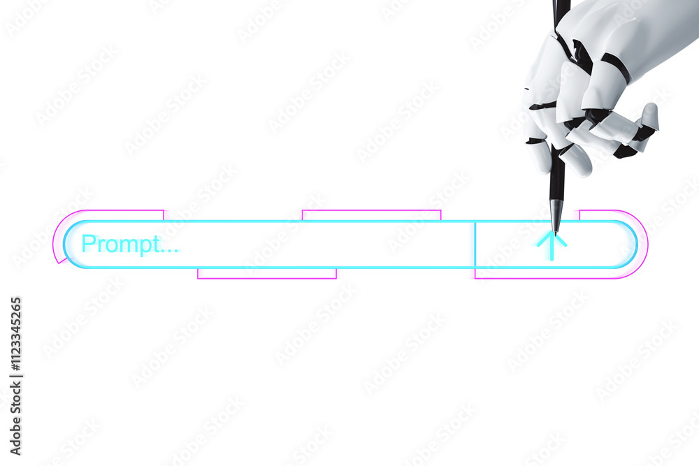 Aufkleber Robotic hand holding a pen, interacting with a glowing digital input field for prompts, isolated on a white background, concept of AI solutions. 3D Rendering.