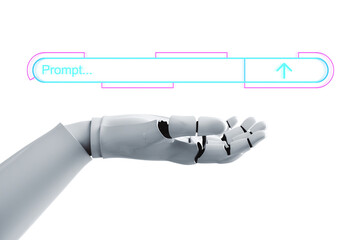 Robotic hand extending beneath a futuristic glowing search bar interface, isolated on white...