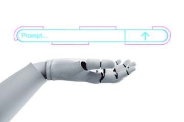 Robotic hand extending beneath a futuristic glowing search bar interface, isolated on white background, representing AI and technology concepts. 3D Rendering.