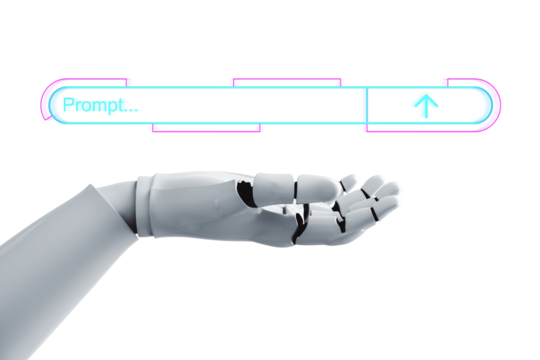 Robotic hand extending beneath a futuristic glowing search bar interface, isolated on white background, representing AI and technology concepts. 3D Rendering.