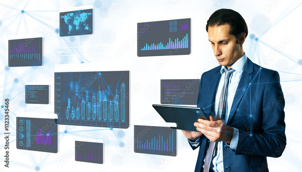 Aufkleber Man in suit holding tablet, digital graphs and charts in futuristic design, white tech background, concept of data analysis and technology