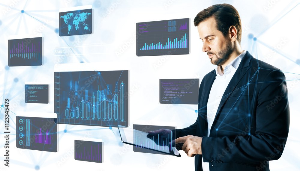 Poster A businessman in formal attire interacts with a digital tablet, surrounded by virtual data graphs and codes, futuristic technology concept